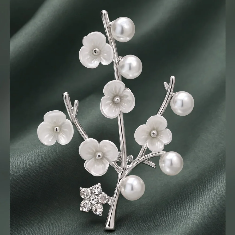 Cherry Blossom Silver Pearl Floral Brooch